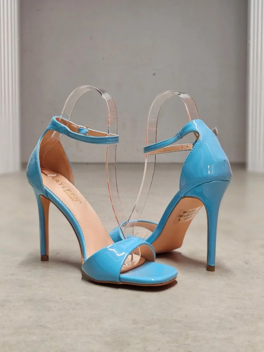 Elegant Blue Patent Leather Stiletto Heels With Ankle Strap & Open Toe For Women